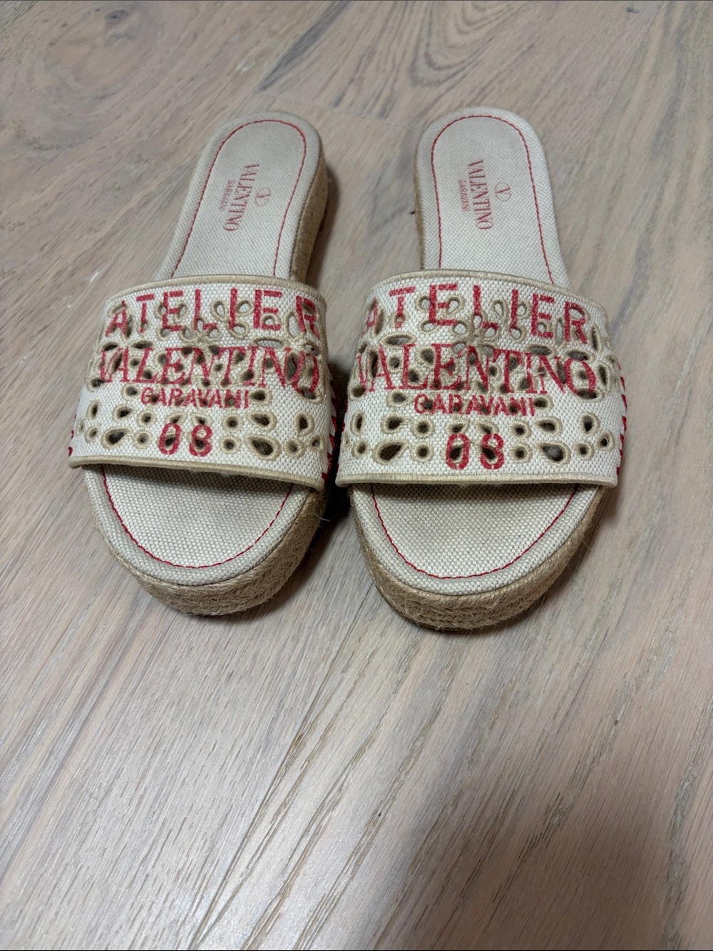 Valentino Garavani Beige and Red Embroidered Slide Mules